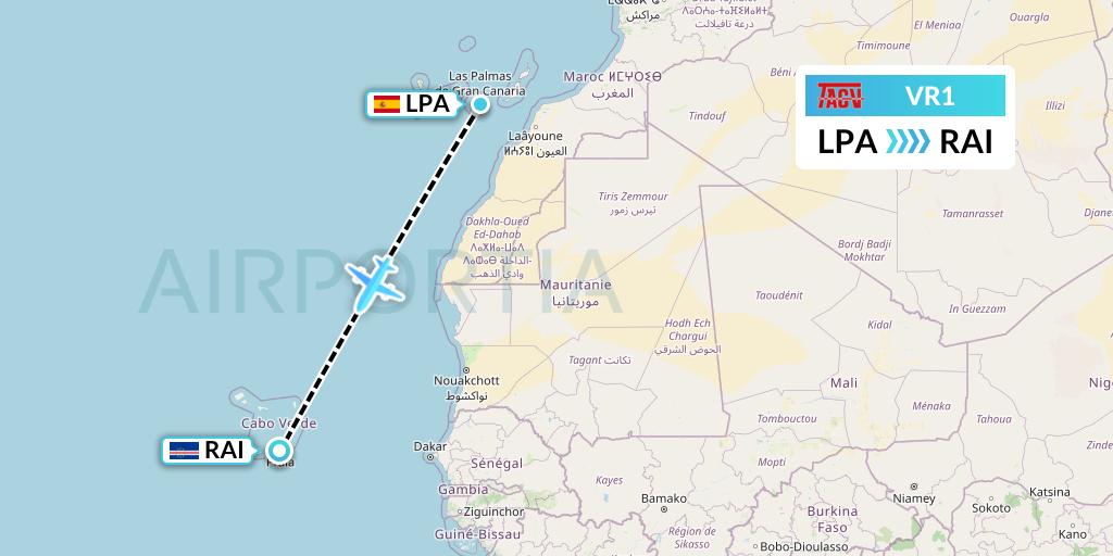 VR1 TACV Cape Verde Airlines Flight Map: Las Palmas to Praia
