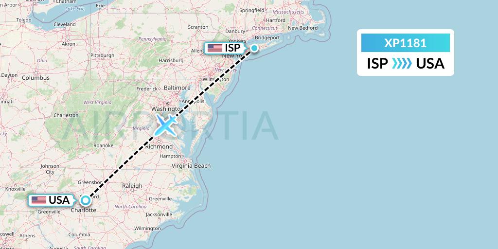 XP1181 Avelo Airlines Flight Map: Islip to Concord
