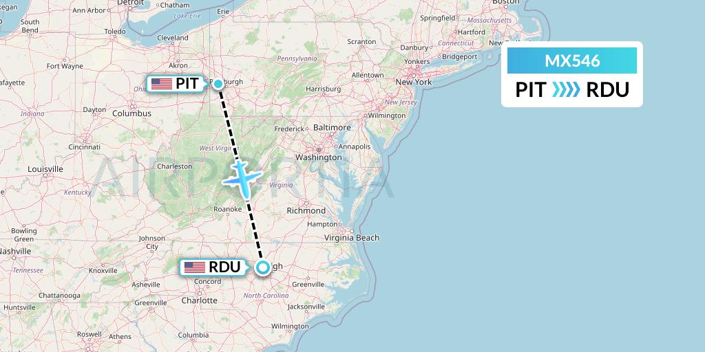 MX546 Breeze Airways Flight Map: Pittsburgh to Raleigh-Durham