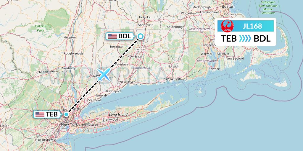 JL168 Japan Airlines Flight Map: Teterboro to Windsor Locks