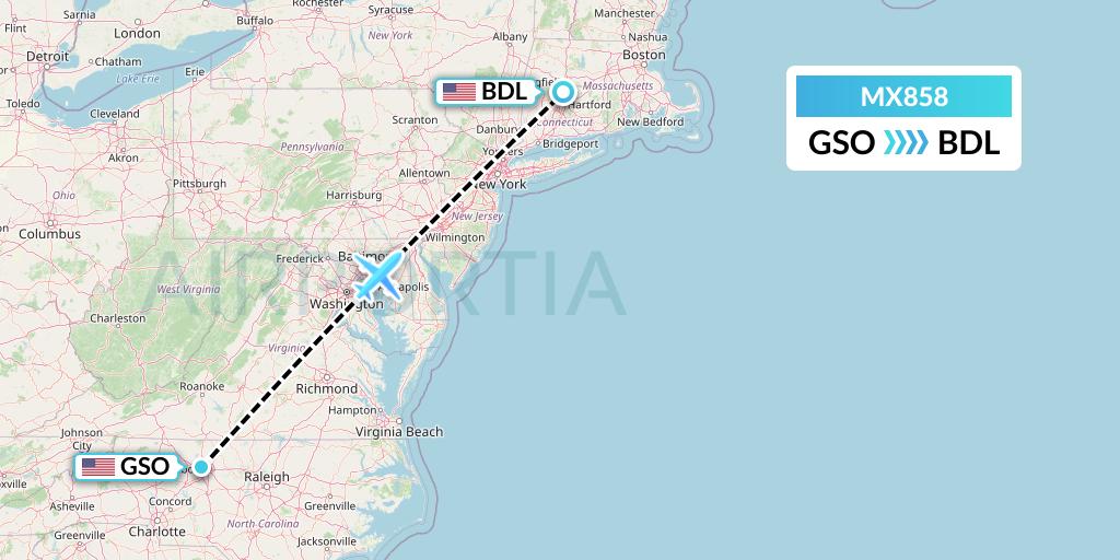 MX858 Breeze Airways Flight Map: Greensboro to Windsor Locks