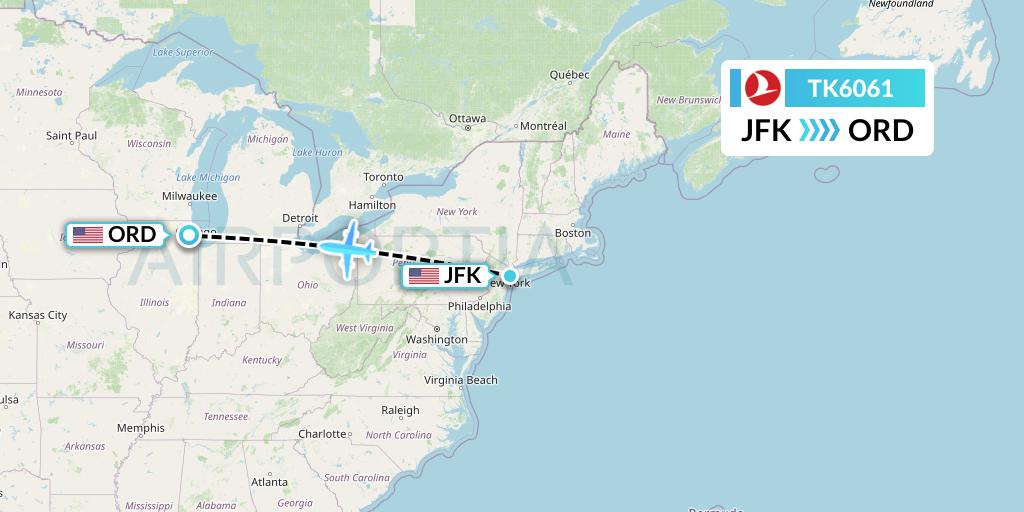 TK6061 Turkish Airlines Flight Map: New York to Chicago