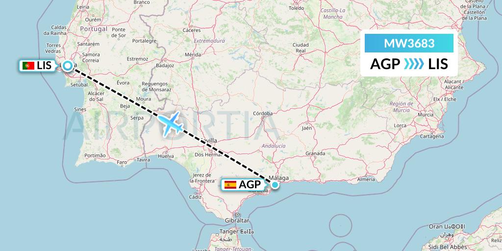 MW3683 Mokulele Flight Service Flight Map: Malaga to Lisbon