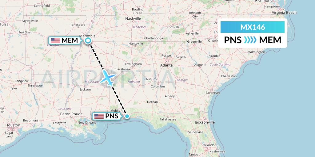 MX146 Breeze Airways Flight Map: Pensacola to Memphis