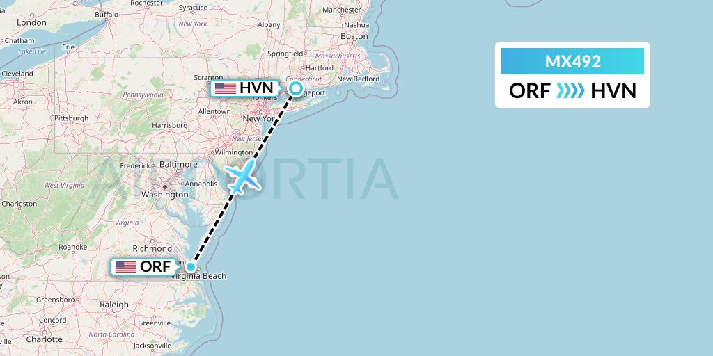 MX492 Breeze Airways Flight Map: Norfolk to New Haven