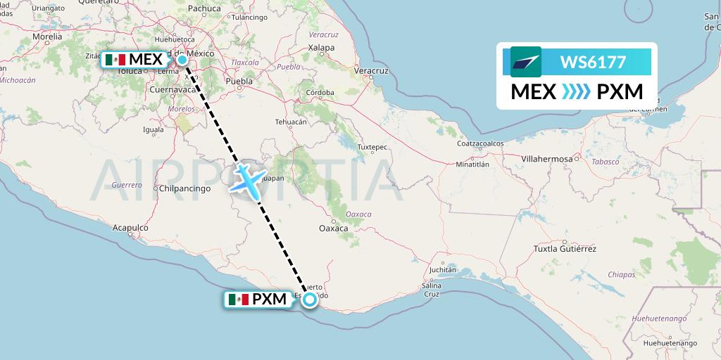 WS6177 WestJet Flight Map: Mexico City to Puerto Escondido