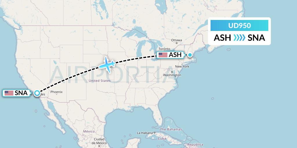 UD950 UR Airlines Flight Map: Nashua to Orange County