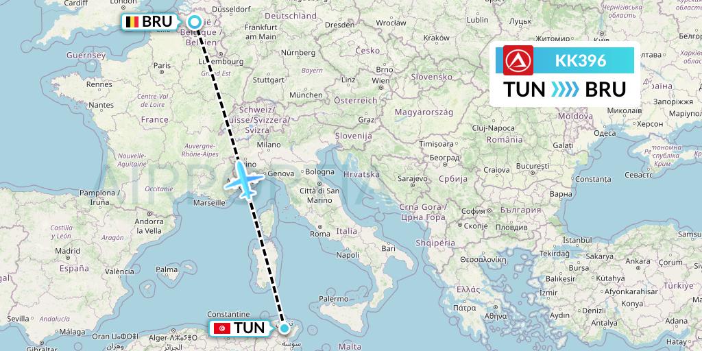 KK396 Atlasjet Flight Map: Tunis to Brussels