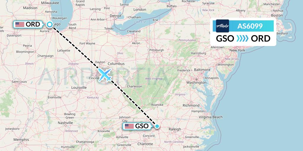 AS6099 Alaska Airlines Flight Map: Greensboro to Chicago