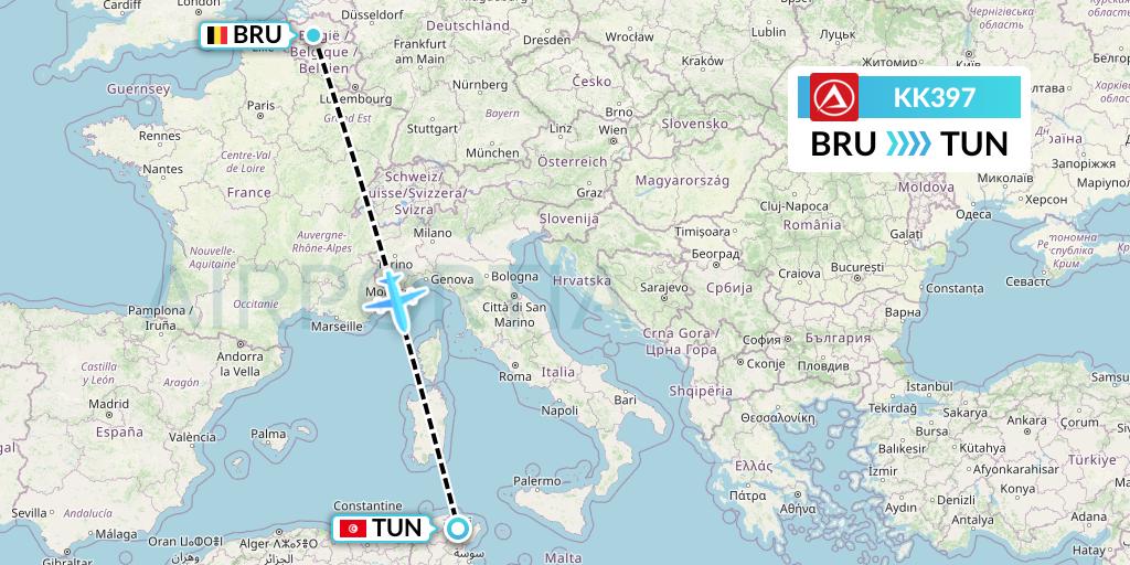 KK397 Atlasjet Flight Map: Brussels to Tunis