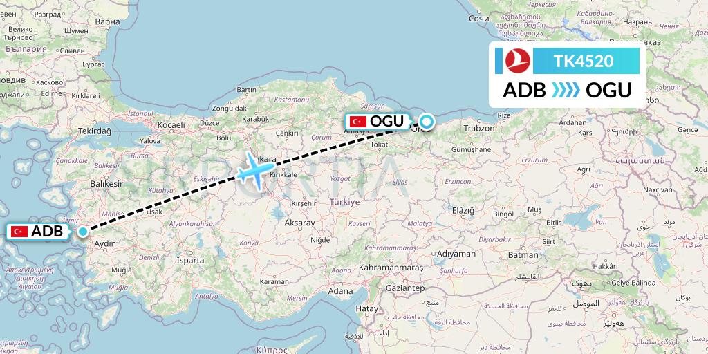 TK4520 Turkish Airlines Flight Map: Izmir to Ordu