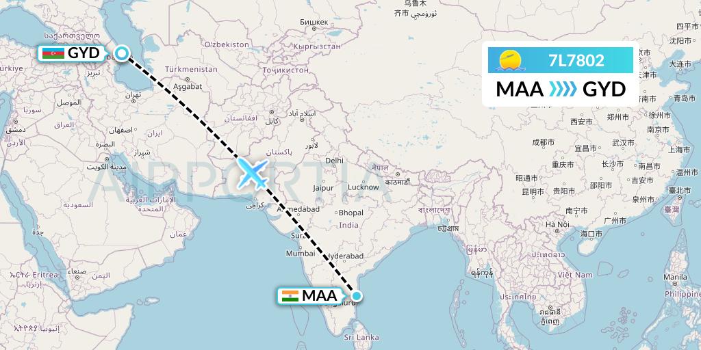 7L7802 Silk Way West Airlines Flight Map: Chennai to Baku