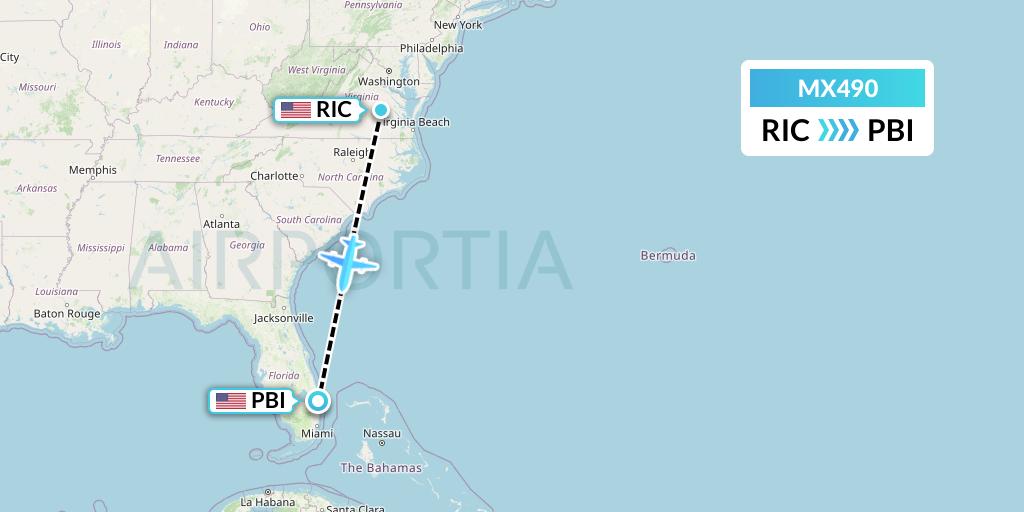MX490 Breeze Airways Flight Map: Richmond to West Palm Beach