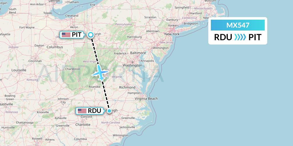 MX547 Breeze Airways Flight Map: Raleigh-Durham to Pittsburgh
