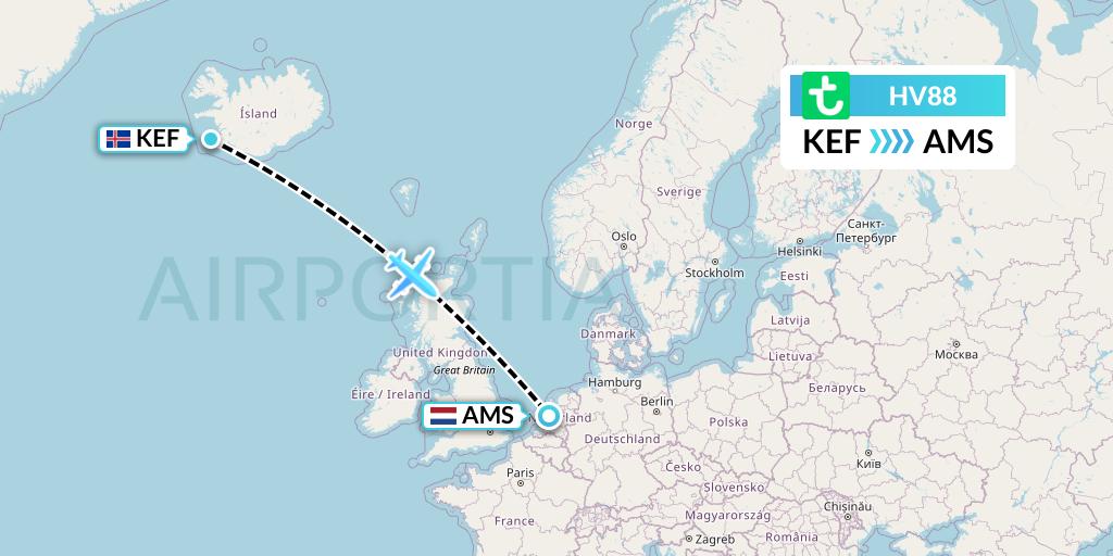 HV88 Transavia Flight Map: Reykjavik to Amsterdam