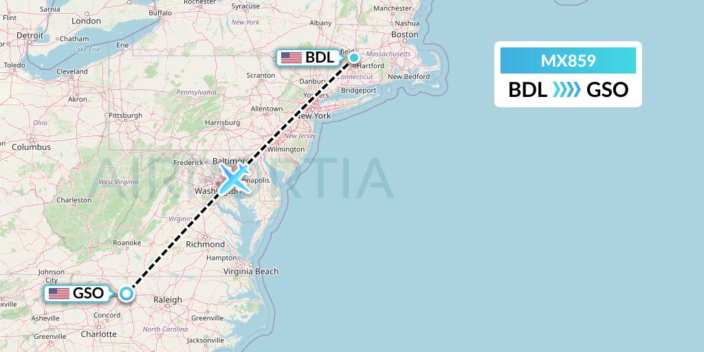 MX859 Breeze Airways Flight Map: Windsor Locks to Greensboro