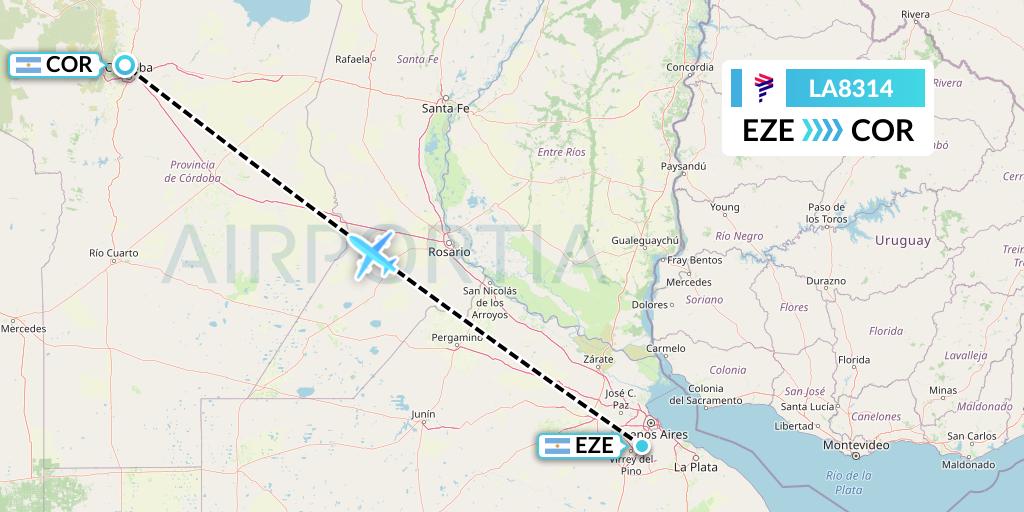LA8314 LAN Airlines Flight Map: Buenos Aires to Cordoba