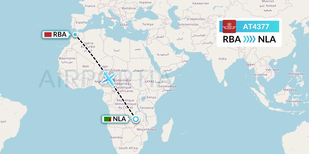 AT4377 Royal Air Maroc Flight Map: Rabat to Ndola