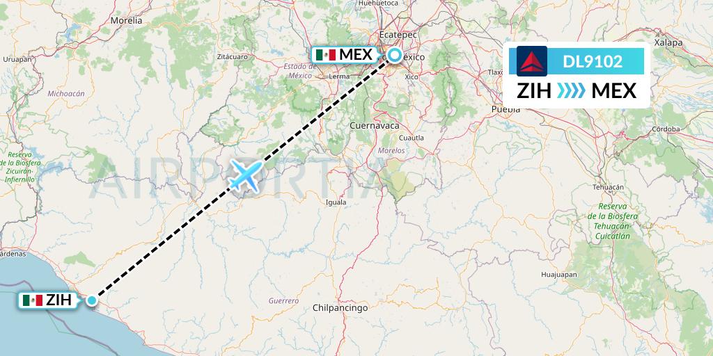 DL9102 Delta Air Lines Flight Map: Zihuatanejo to Mexico City