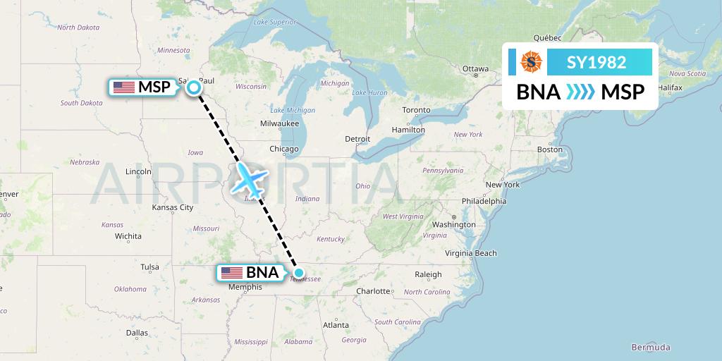 SY1982 Sun Country Airlines Flight Map: Nashville to Minneapolis