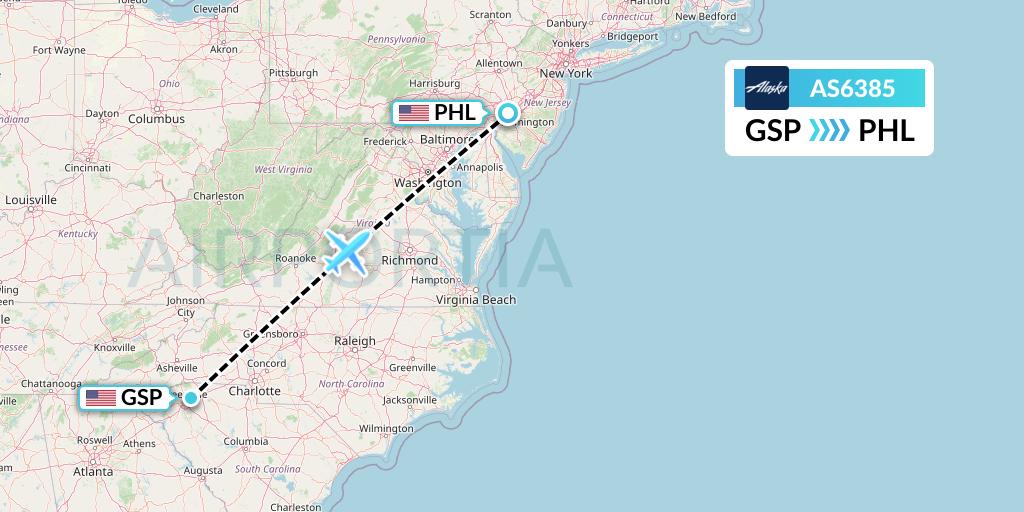 AS6385 Alaska Airlines Flight Map: Greenville-Spartanburg to Philadelphia