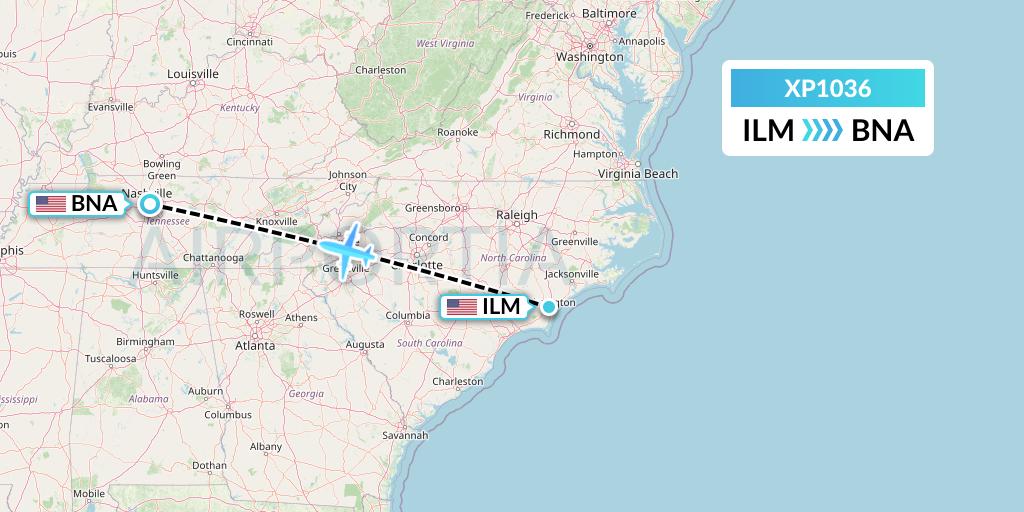XP1036 Avelo Airlines Flight Map: Wilmington to Nashville