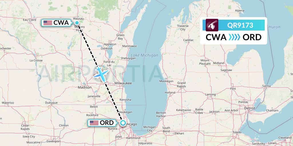 QR9173 Qatar Airways Flight Map: Wausau to Chicago
