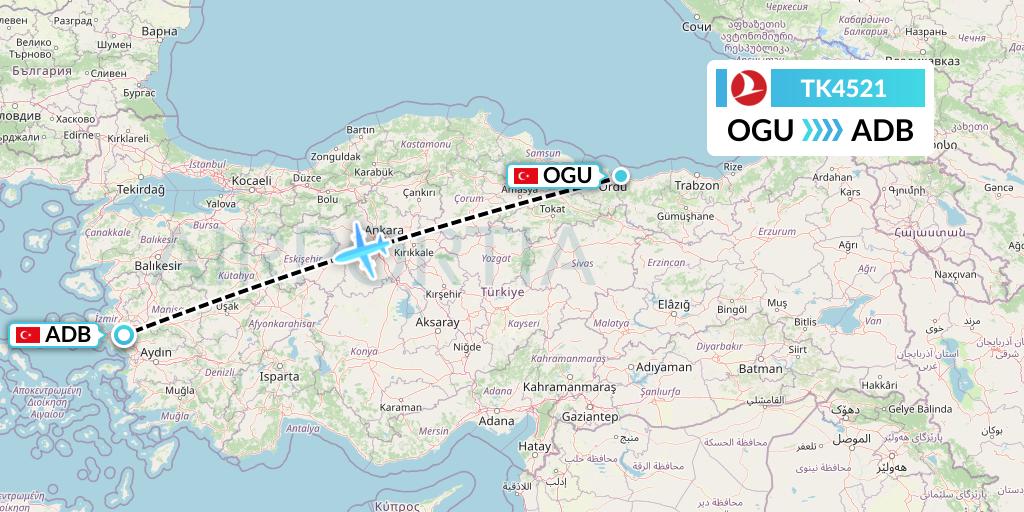 TK4521 Turkish Airlines Flight Map: Ordu to Izmir