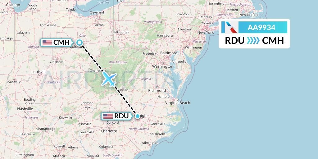 AA9934 American Airlines Flight Map: Raleigh-Durham to Columbus