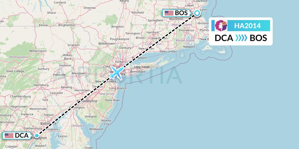 HA2014 Hawaiian Airlines Flight Map: Washington to Boston