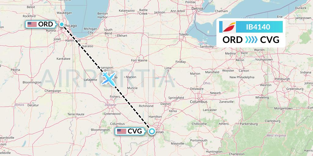 IB4140 Iberia Flight Map: Chicago to Cincinnati
