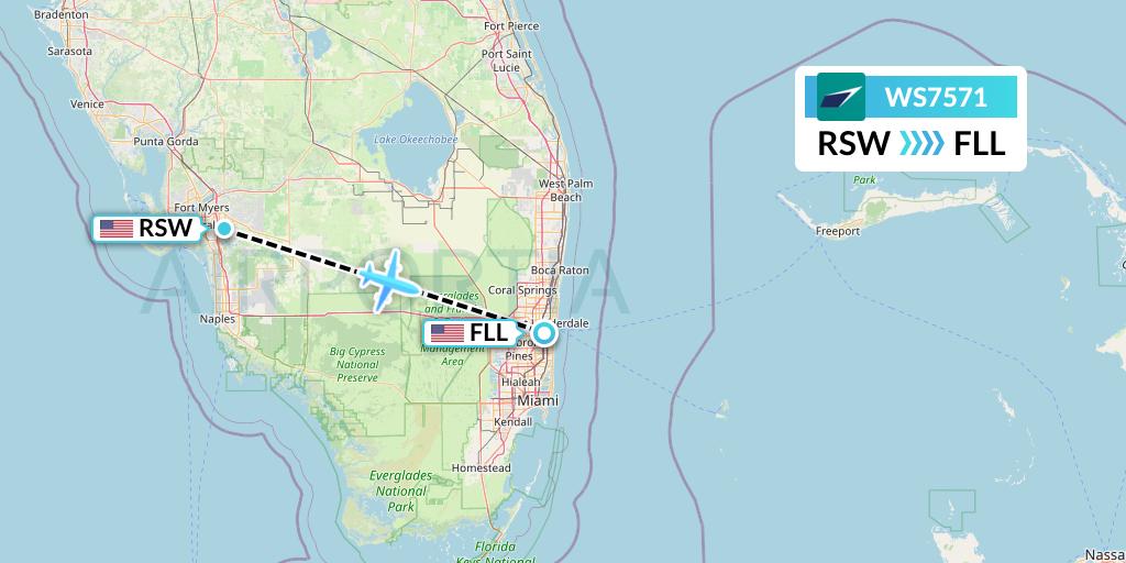 WS7571 WestJet Flight Map: Fort Myers to Fort Lauderdale