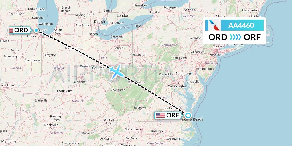 AA4460 American Airlines Flight Map: Chicago to Norfolk