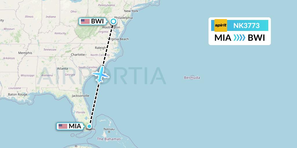 NK3773 Spirit Airlines Flight Map: Miami to Baltimore