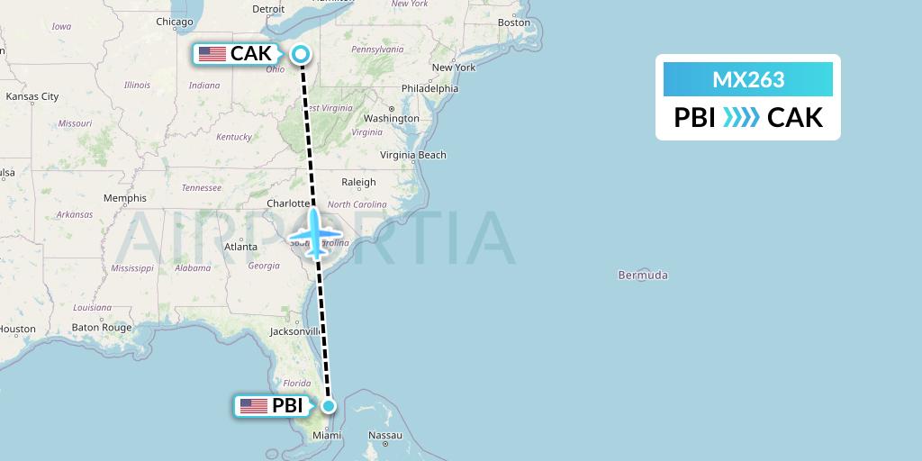 MX263 Breeze Airways Flight Map: West Palm Beach to Akron