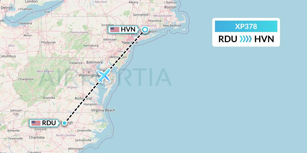 XP378 Avelo Airlines Flight Map: Raleigh-Durham to New Haven