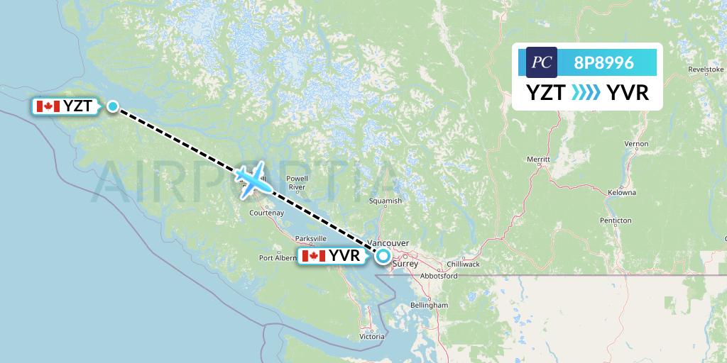 8P8996 Pacific Coastal Airlines Flight Map: Port Hardy to Vancouver
