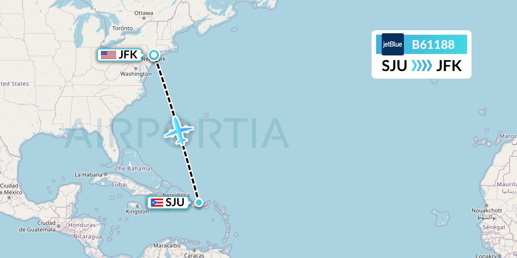 B61188 JetBlue Airways Flight Map: San Juan to New York
