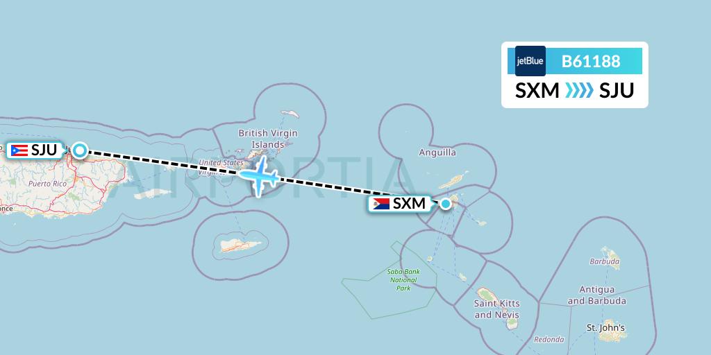 B61188 JetBlue Airways Flight Map: Sint Maarten to San Juan