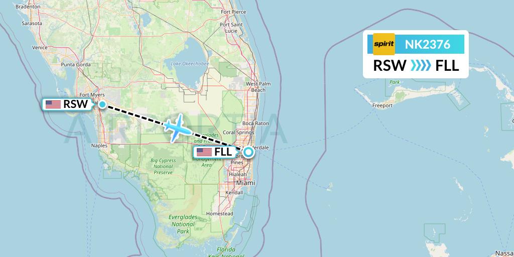 NK2376 Spirit Airlines Flight Map: Fort Myers to Fort Lauderdale