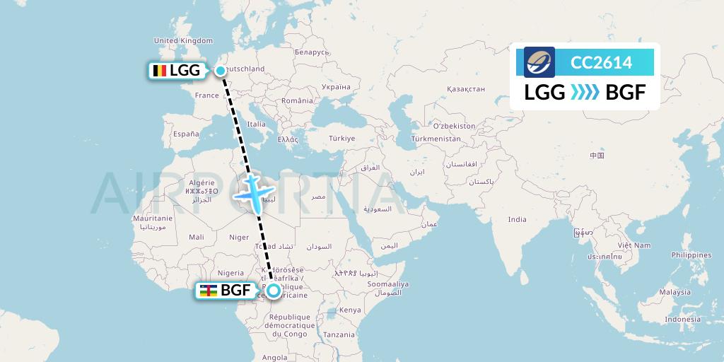 CC2614 CM Airlines Flight Map: Liege to Bangui