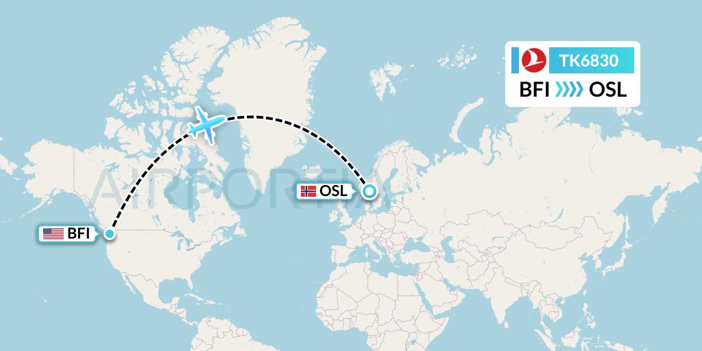TK6830 Turkish Airlines Flight Map: Seattle to Oslo