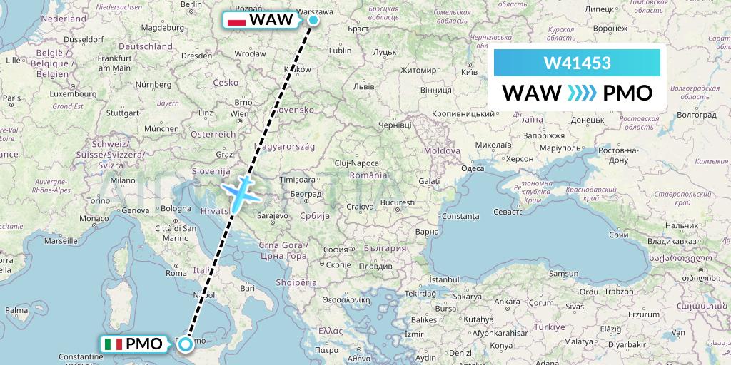 W41453 Wizz Air Malta Flight Map: Warsaw to Palermo