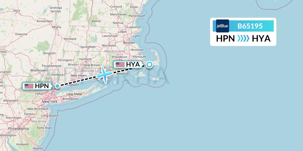 B65195 JetBlue Airways Flight Map: White Plains to Hyannis