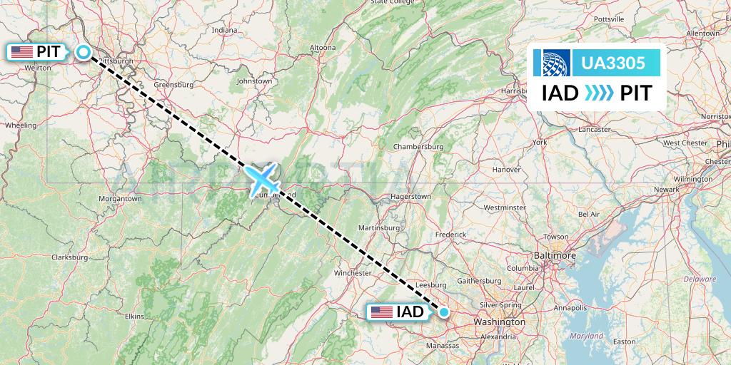 UA3305 United Airlines Flight Map: Washington to Pittsburgh