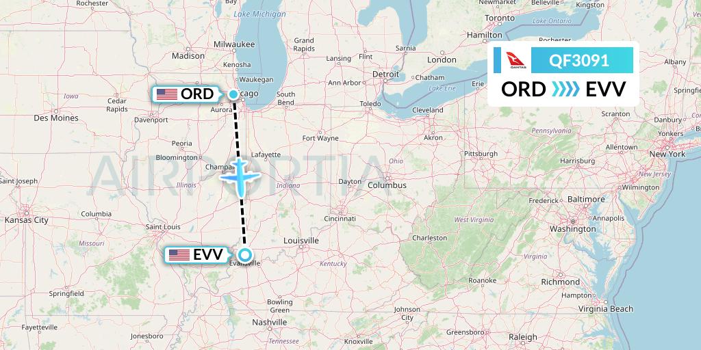 QF3091 Qantas Flight Map: Chicago to Evansville