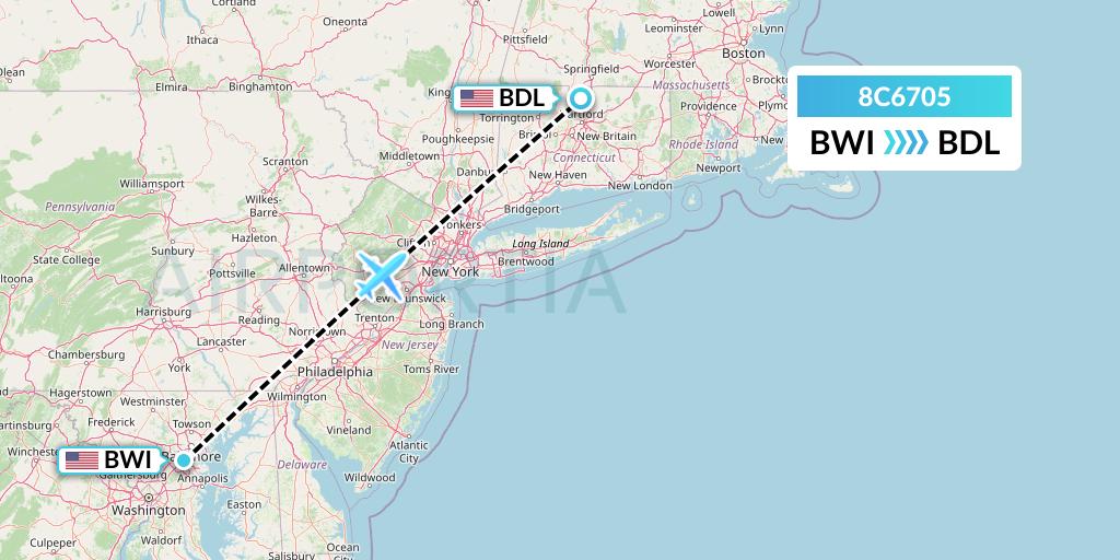 8C6705 Air Transport International Flight Map: Baltimore to Windsor Locks