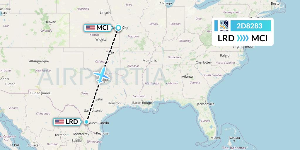 2D8283 Dynamic Airways Flight Map: Laredo to Kansas City