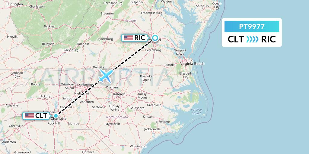 PT9977 Piedmont Airlines Flight Map: Charlotte to Richmond