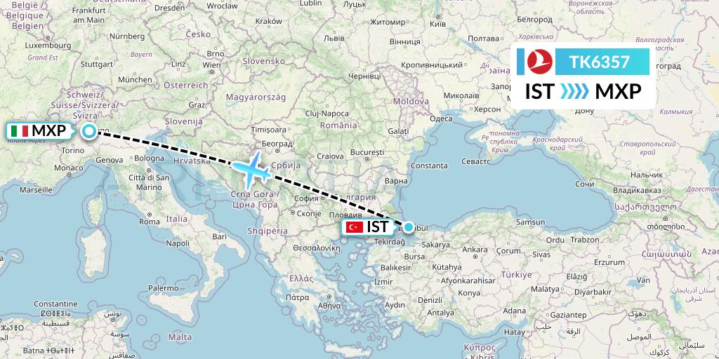 TK6357 Turkish Airlines Flight Map: Istanbul to Milan